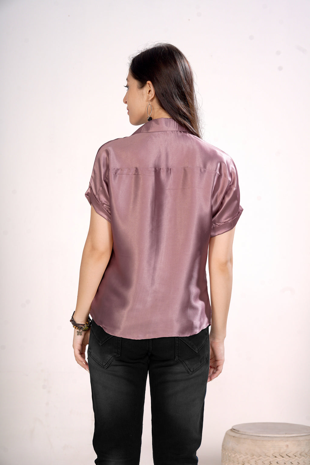 Women Purple Satin Short Sleeve Button-Down Shirt Top