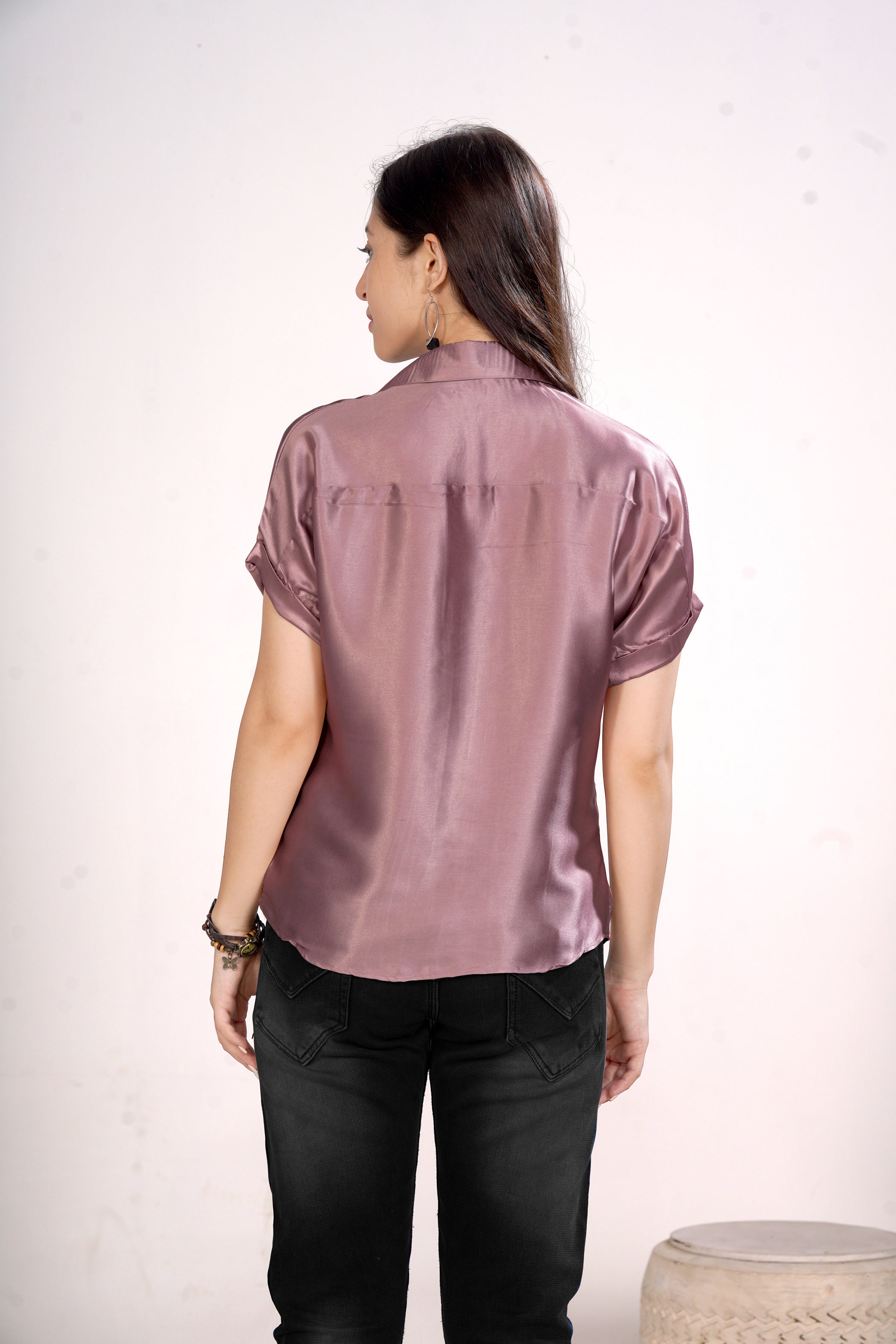 Women Purple Satin Short Sleeve Button-Down Shirt Top