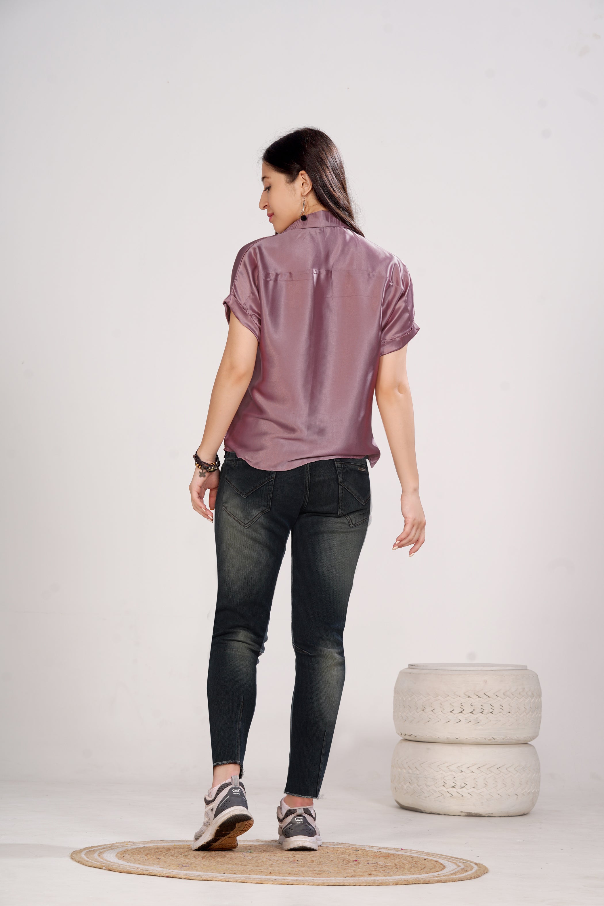 Women Purple Satin Short Sleeve Button-Down Shirt Top