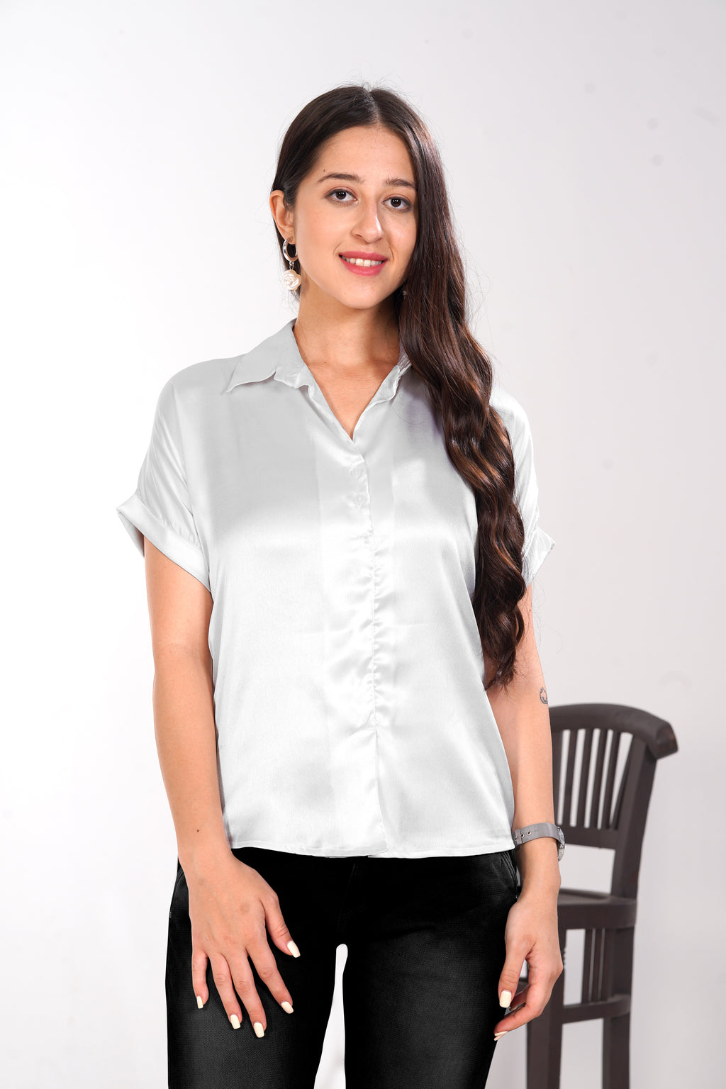 Women White Satin Short Sleeve Button-Down Shirt Top