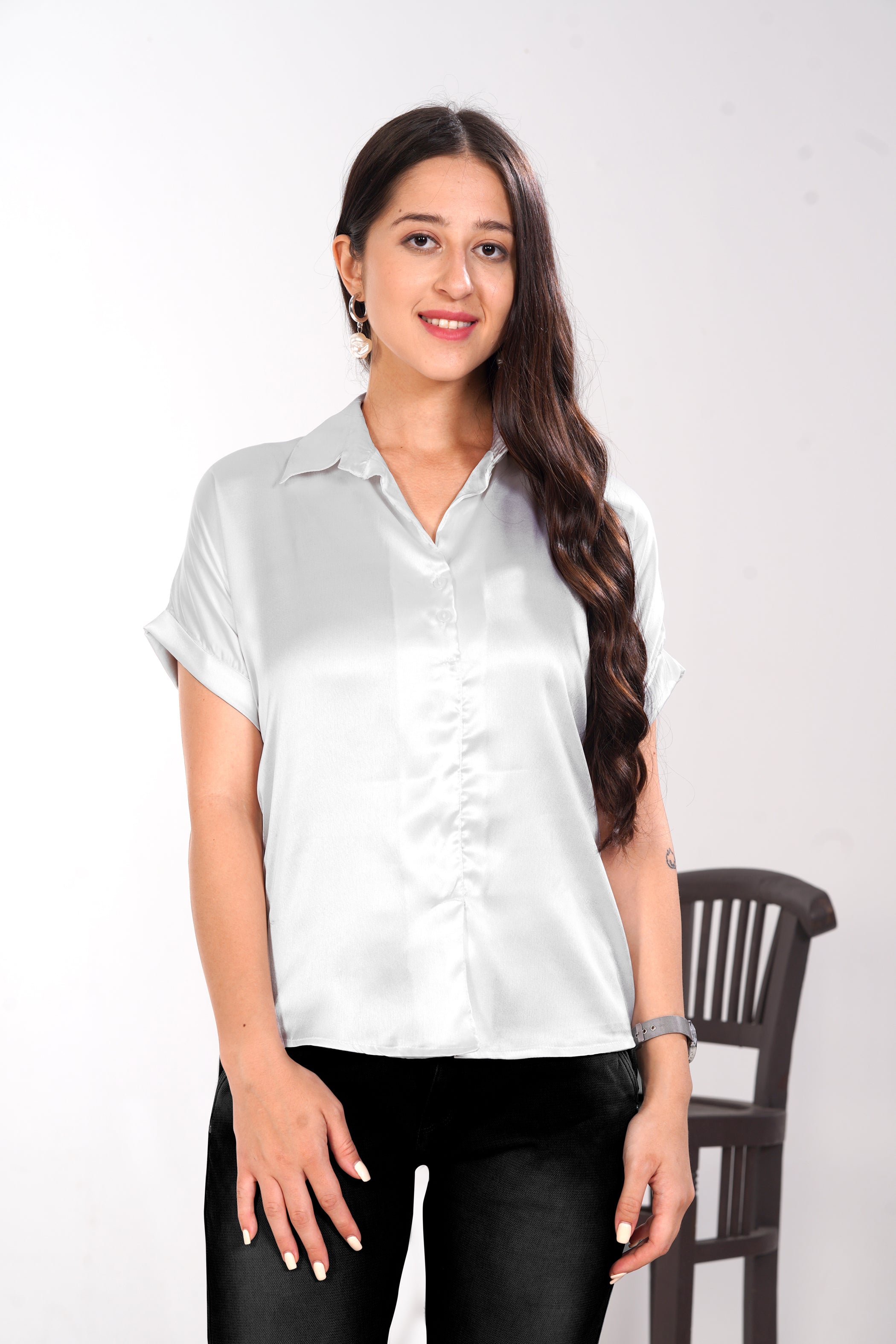 Women White Satin Short Sleeve Button-Down Shirt Top