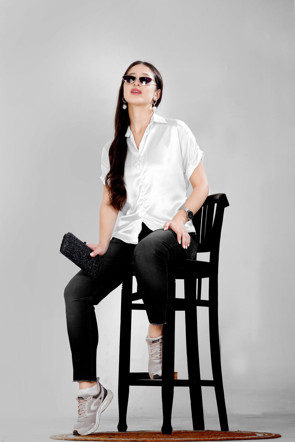 Women White Satin Short Sleeve Button-Down Shirt Top