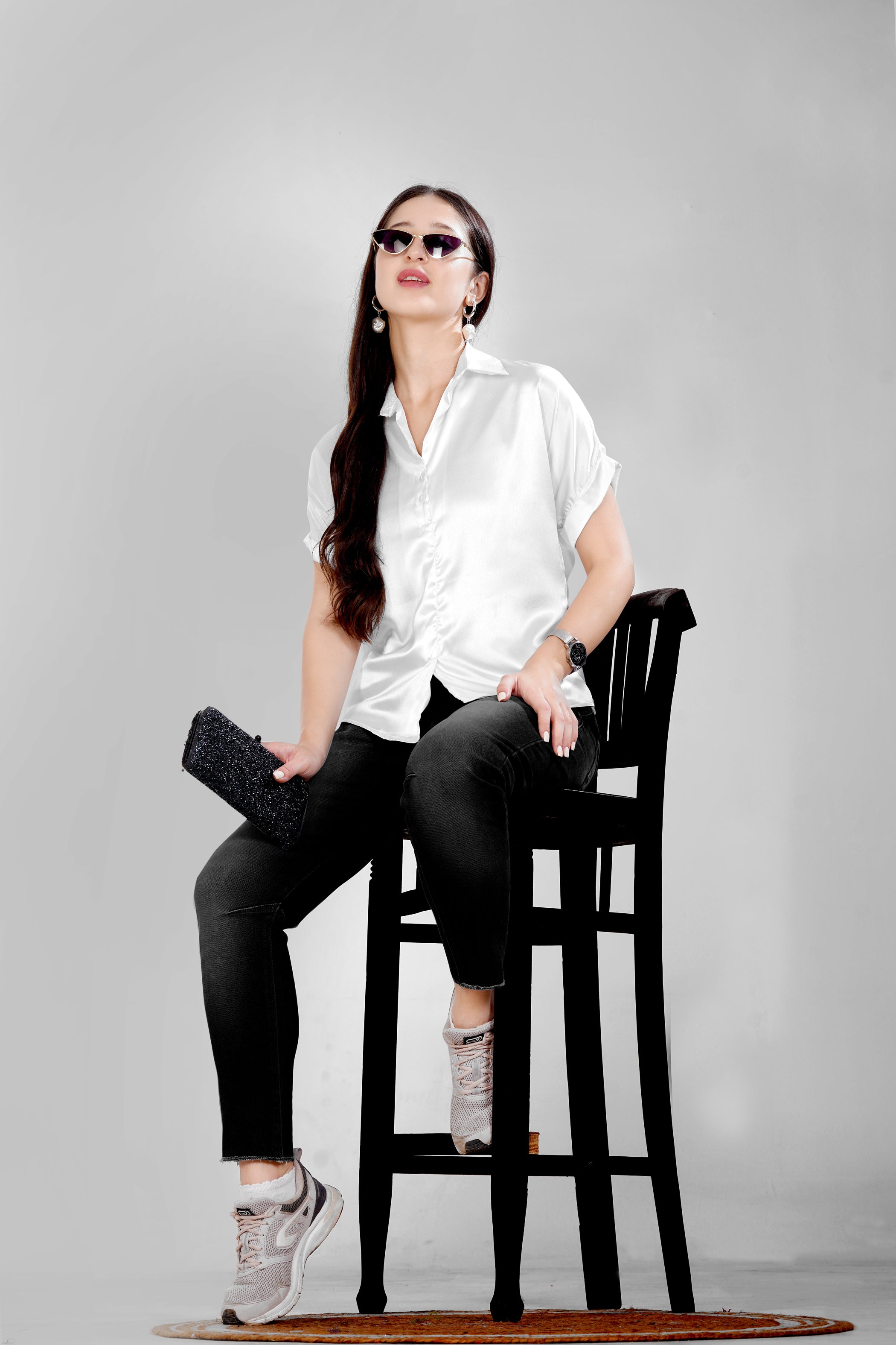 Women White Satin Short Sleeve Button-Down Shirt Top
