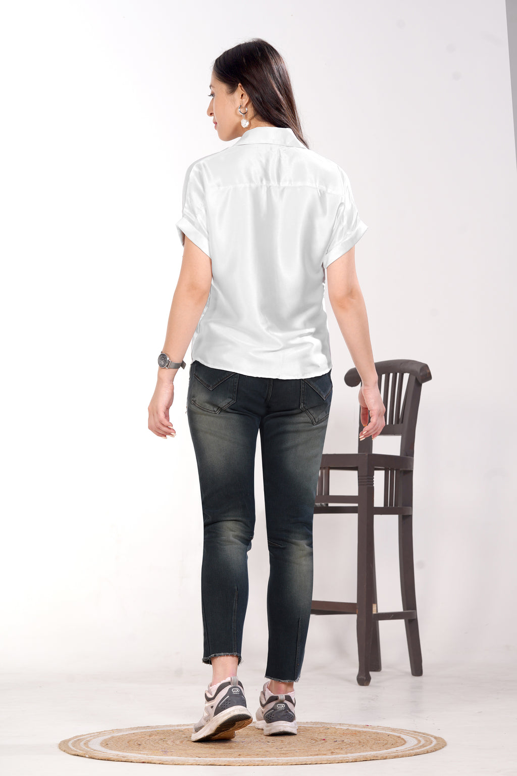 Women White Satin Short Sleeve Button-Down Shirt Top