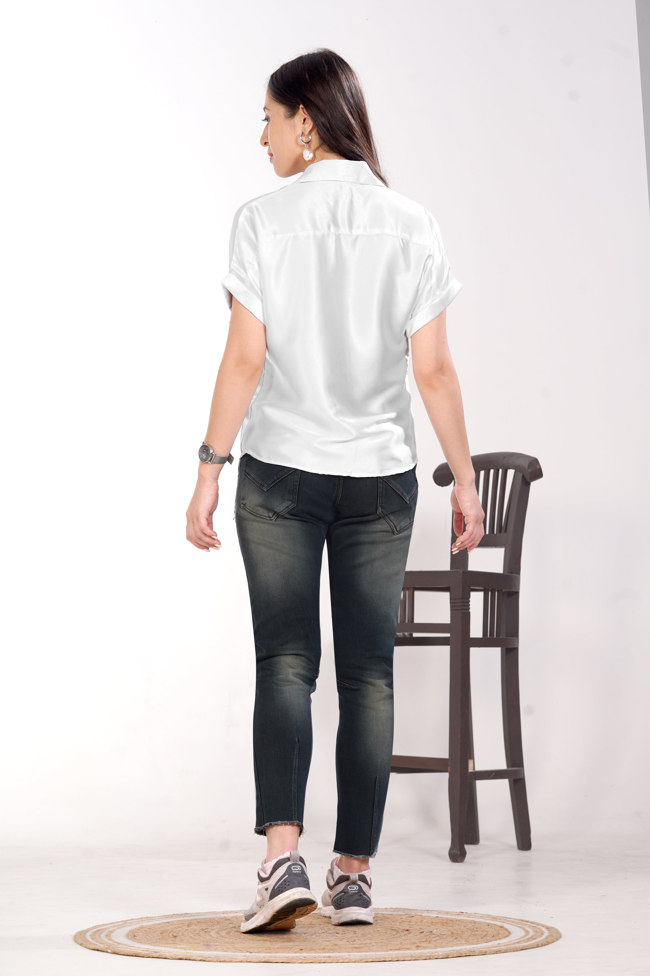 Women White Satin Short Sleeve Button-Down Shirt Top