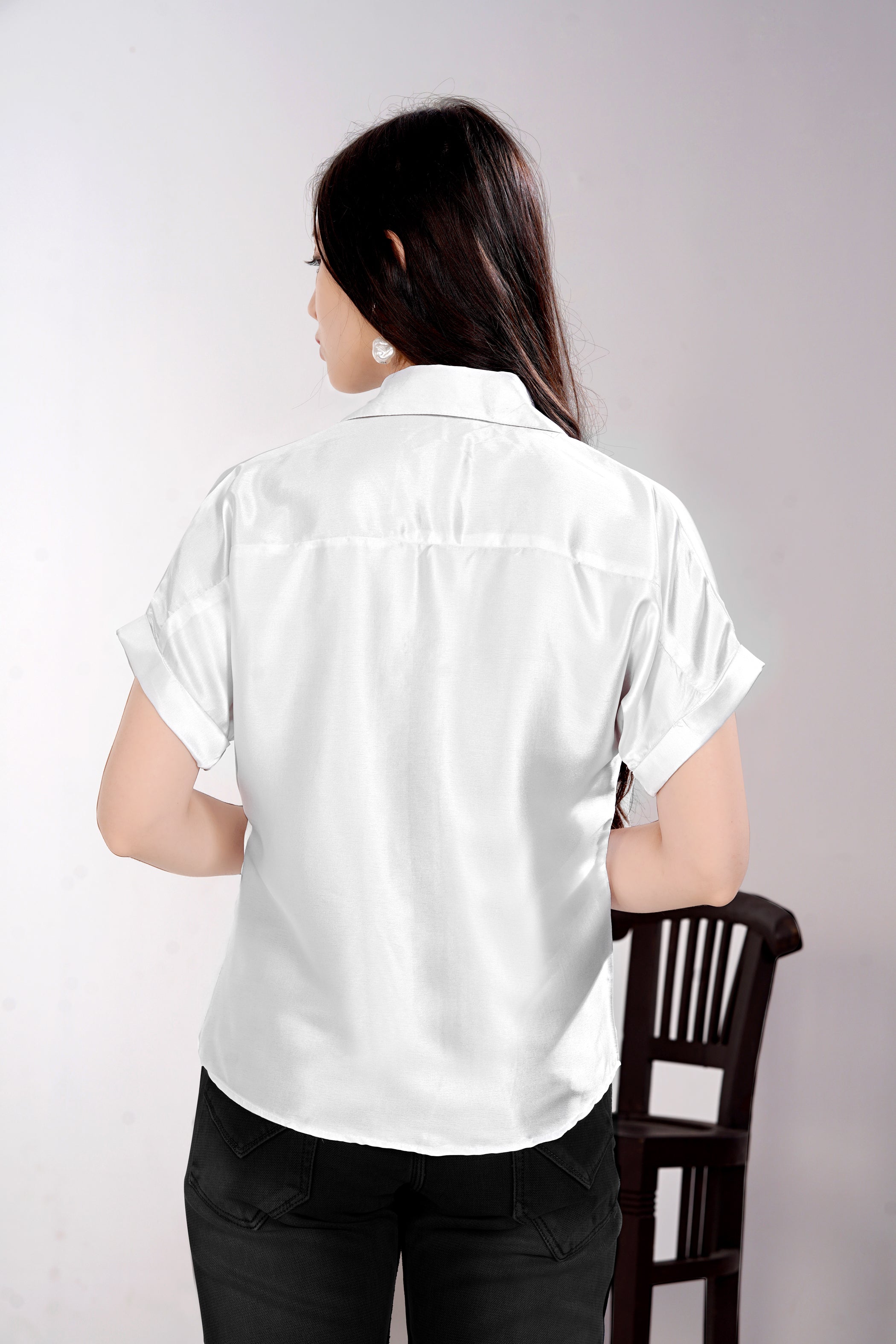 Women White Satin Short Sleeve Button-Down Shirt Top