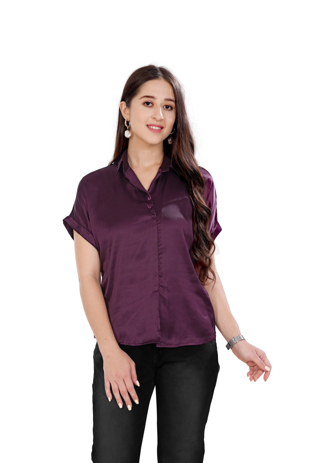 Women Wine Satin Short Sleeve Button-Down Shirt Top