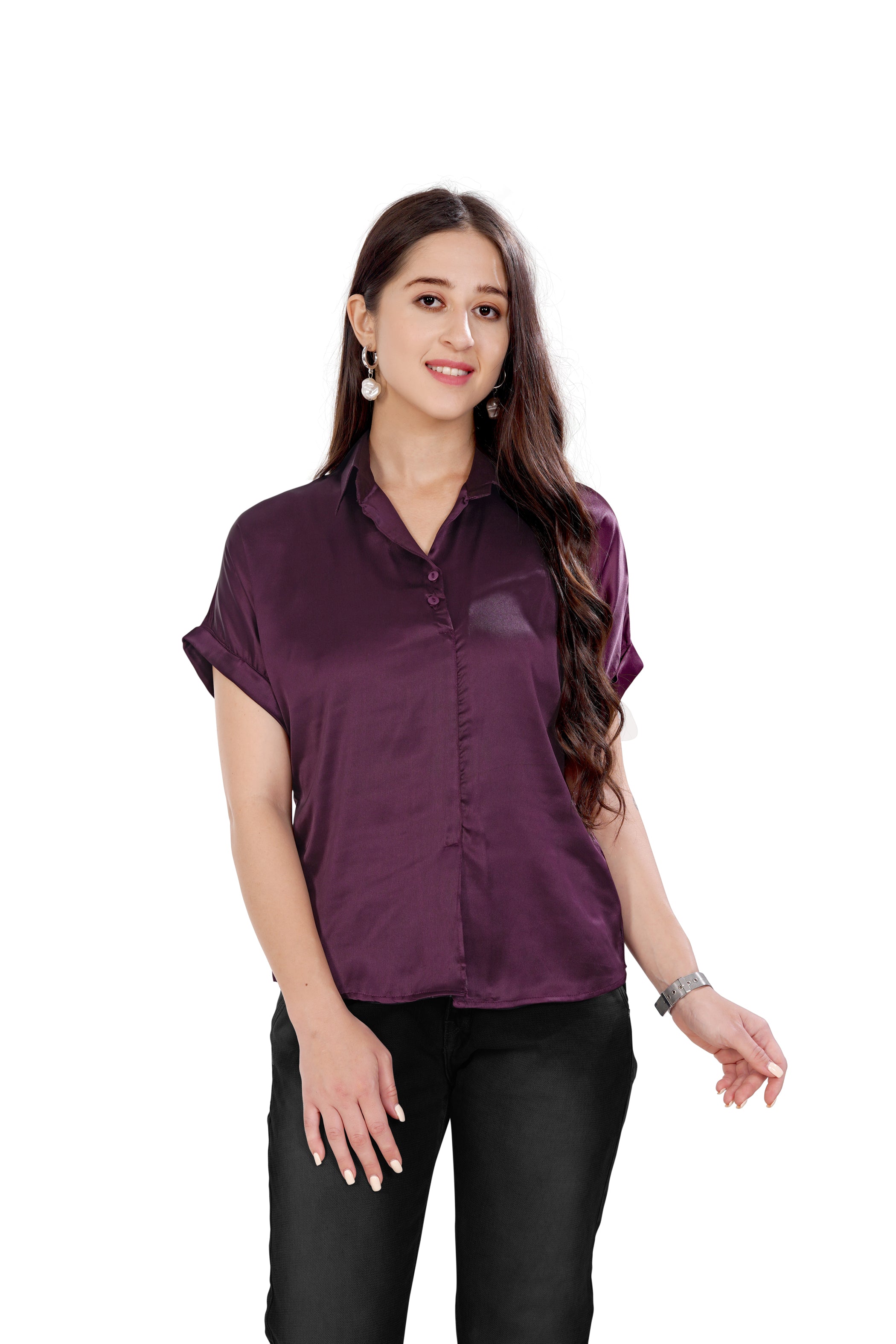 Women Wine Satin Short Sleeve Button-Down Shirt Top