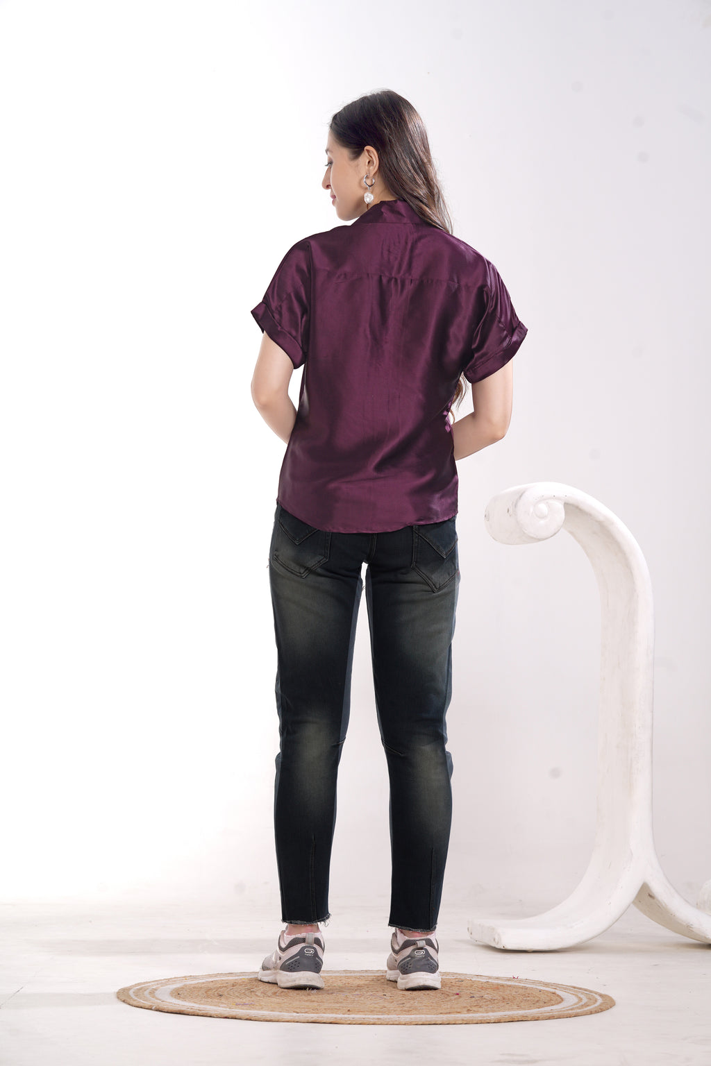 Women Wine Satin Short Sleeve Button-Down Shirt Top