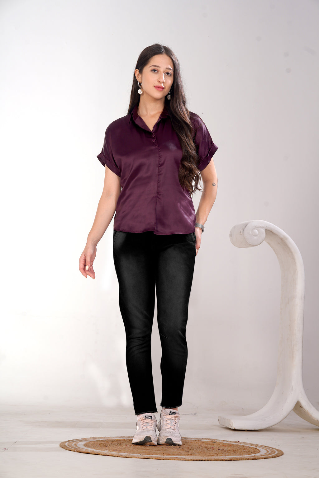 Women Wine Satin Short Sleeve Button-Down Shirt Top