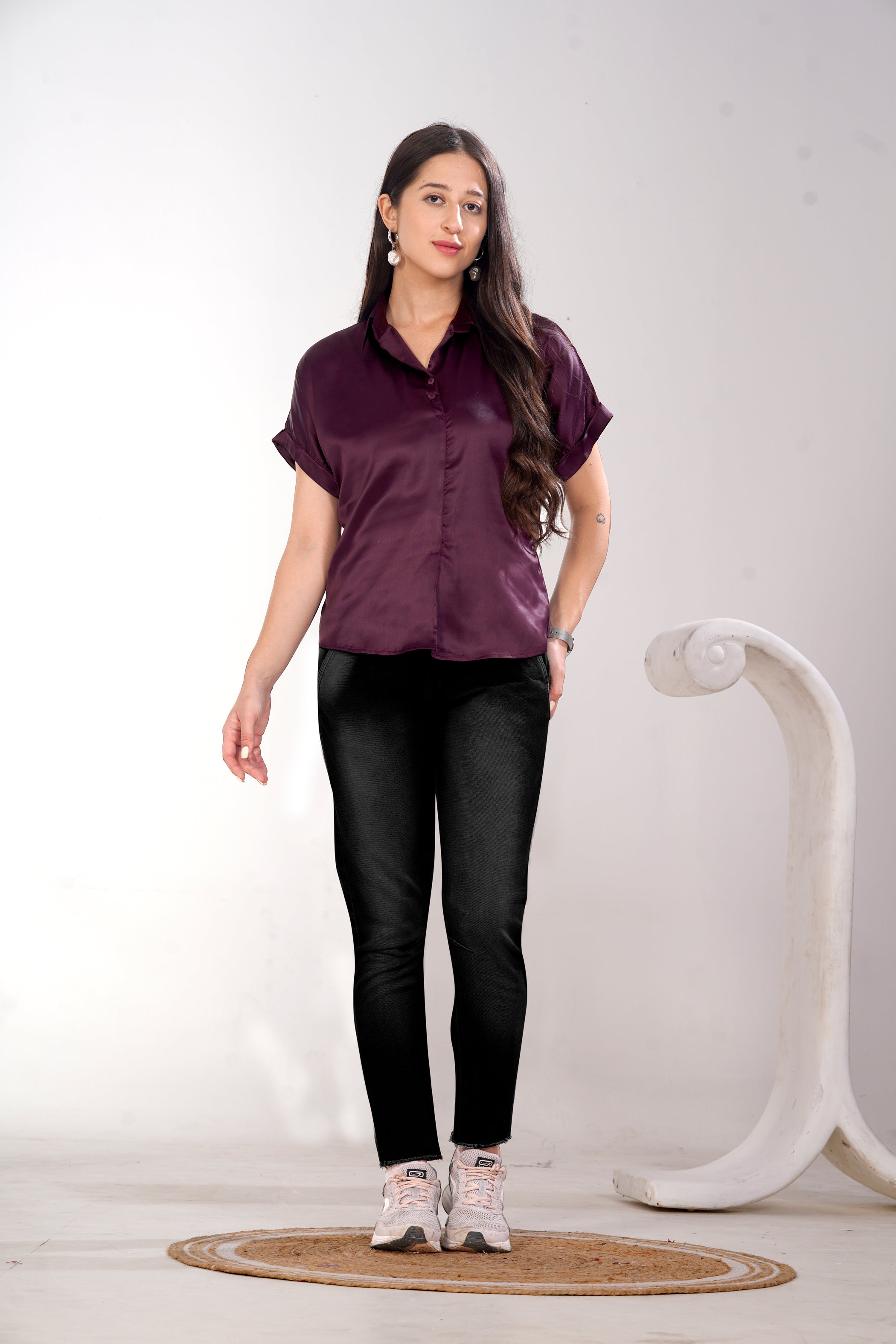 Women Wine Satin Short Sleeve Button-Down Shirt Top
