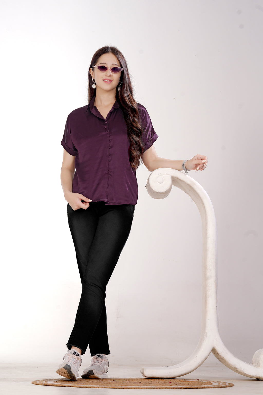 Women Wine Satin Short Sleeve Button-Down Shirt Top