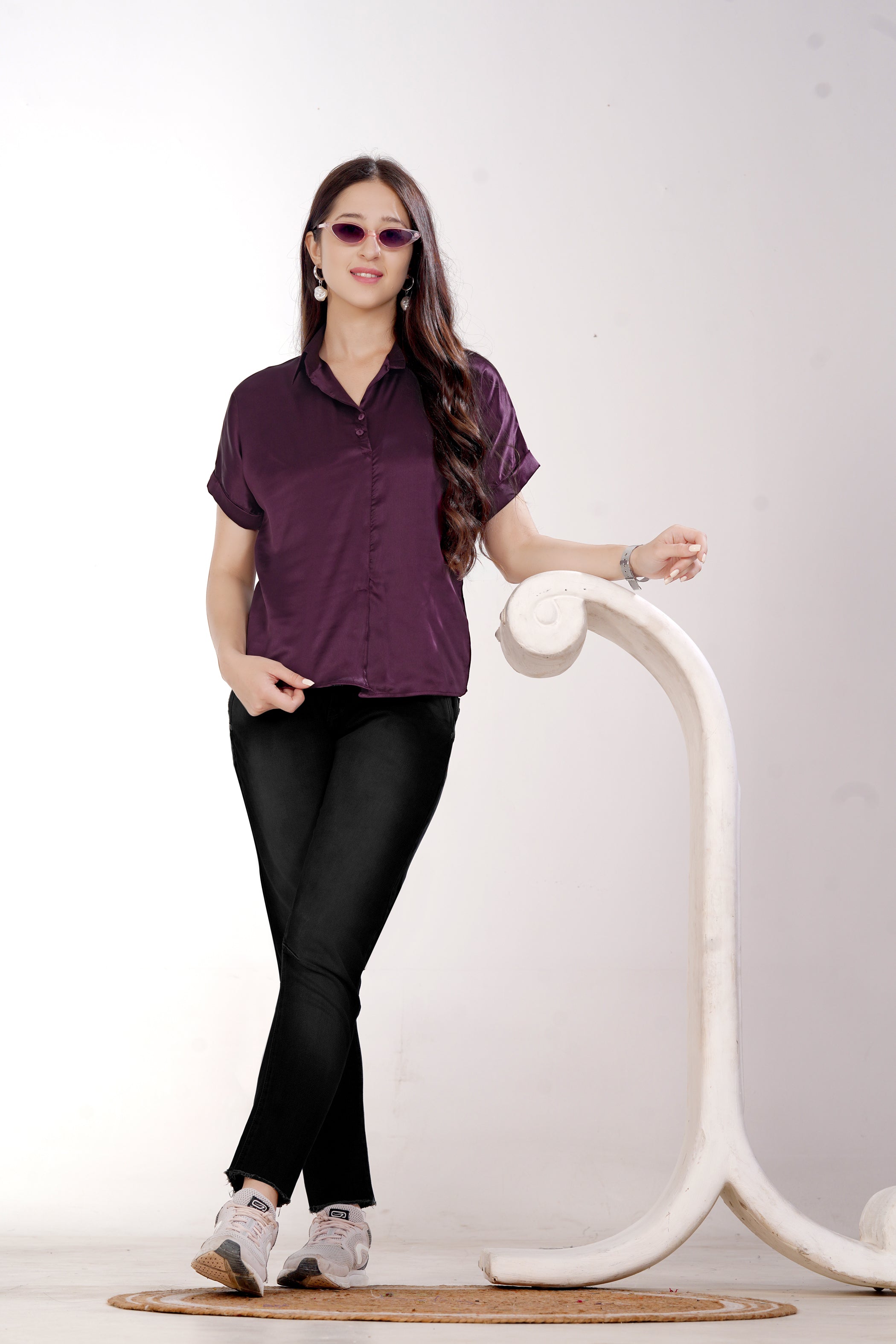 Women Wine Satin Short Sleeve Button-Down Shirt Top