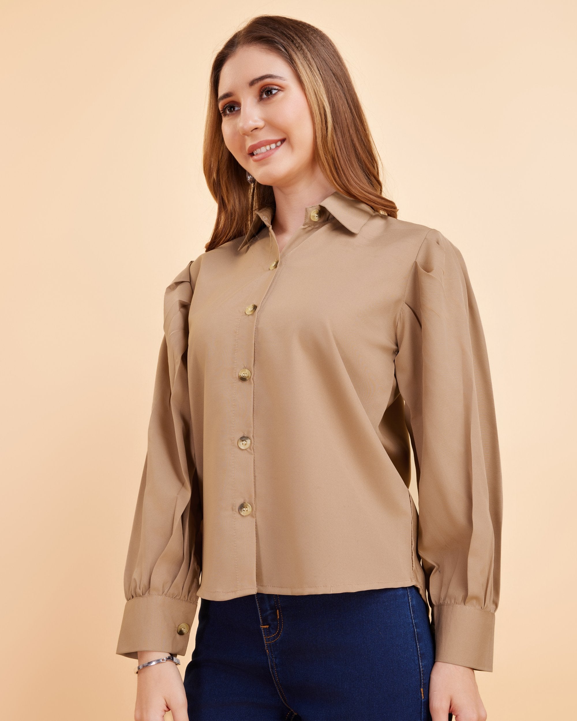 Women Beige Collar Puff Sleeve Solid Shirt