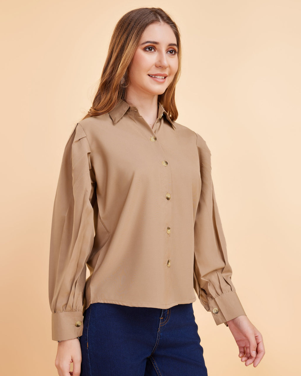 Women Beige Collar Puff Sleeve Solid Shirt