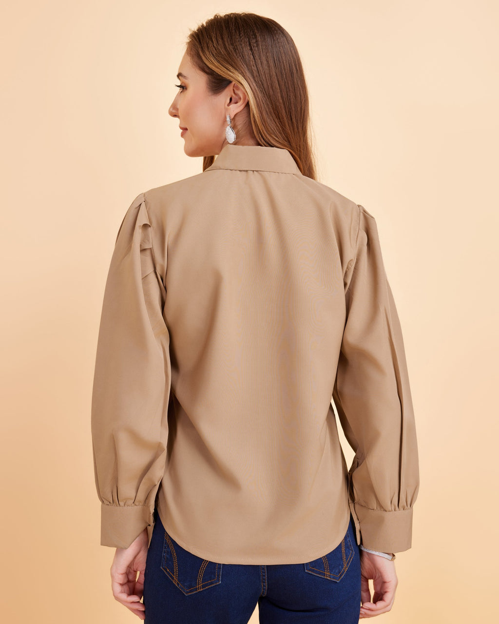 Women Beige Collar Puff Sleeve Solid Shirt