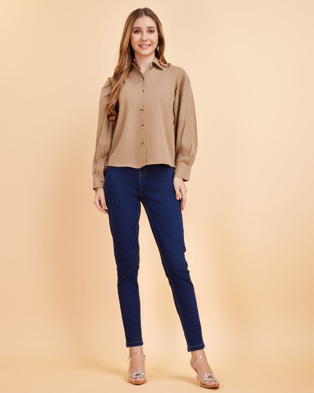 Women Beige Collar Puff Sleeve Solid Shirt
