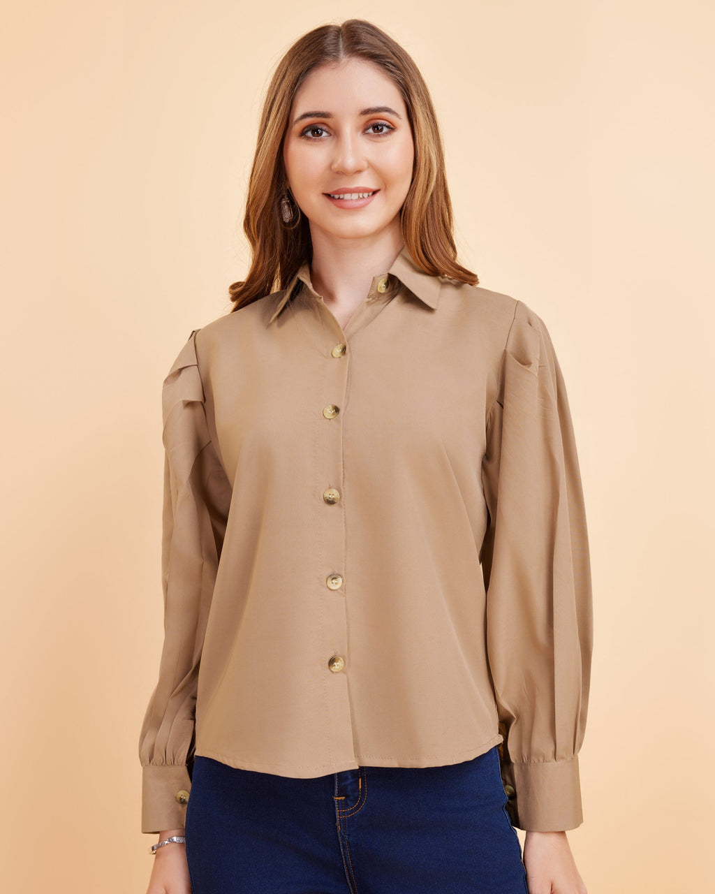 Women Beige Collar Puff Sleeve Solid Shirt