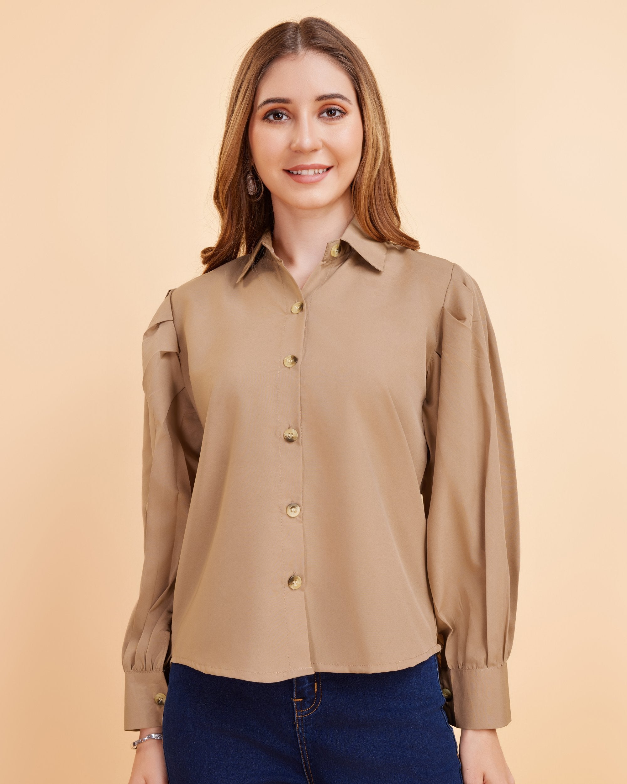 Women Beige Collar Puff Sleeve Solid Shirt