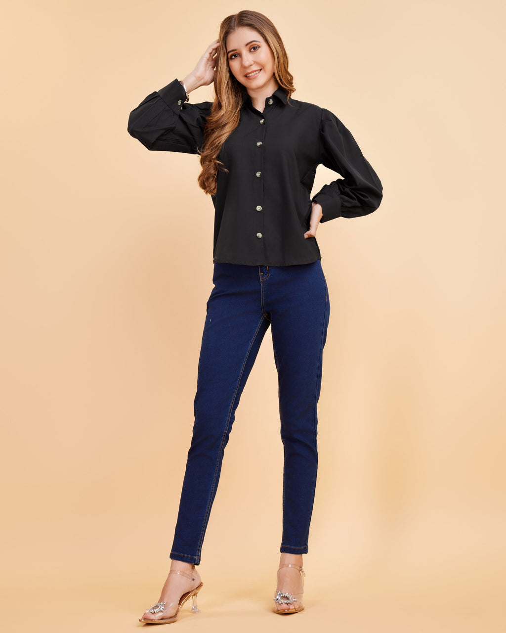 Women Black Collared Puff Sleeve Solid Shirt
