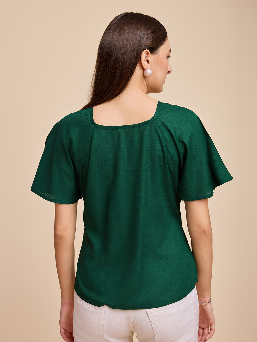 Women Green Keyhole Neck Bell Short Sleeve Solid Top
