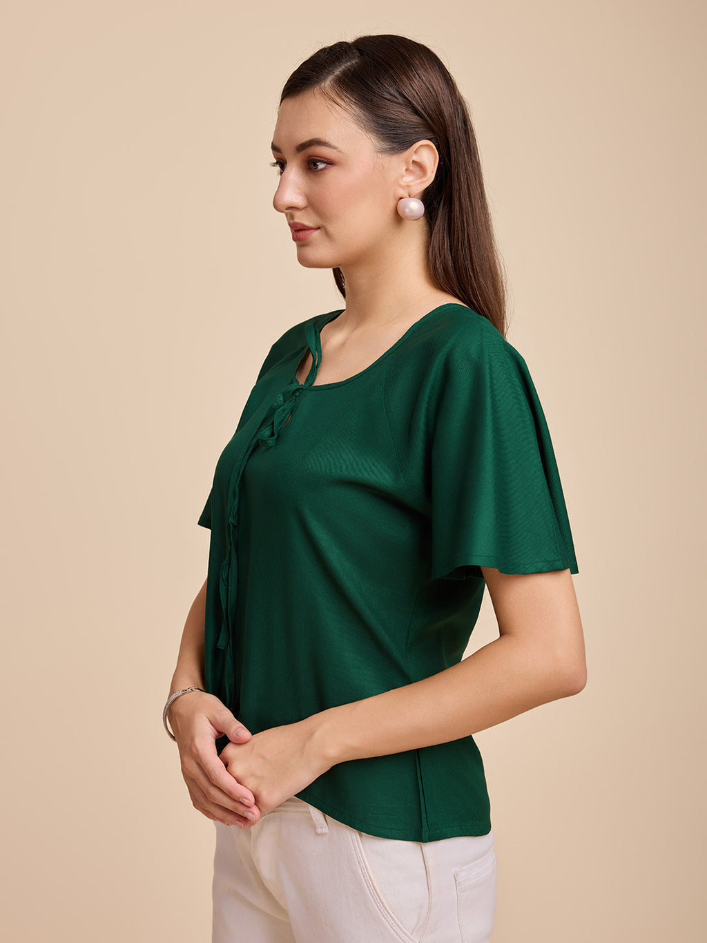 Women Green Keyhole Neck Bell Short Sleeve Solid Top