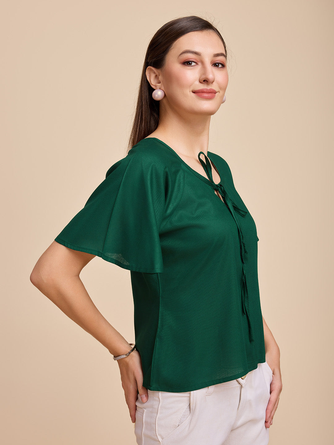 Women Green Keyhole Neck Bell Short Sleeve Solid Top