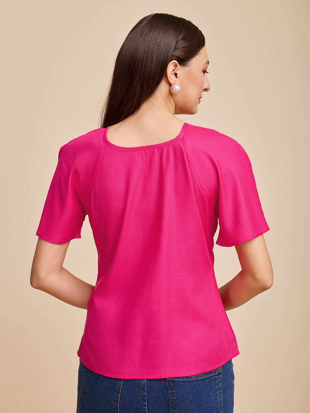 Women Pink Keyhole Neck Bell Short Sleeve Solid Top