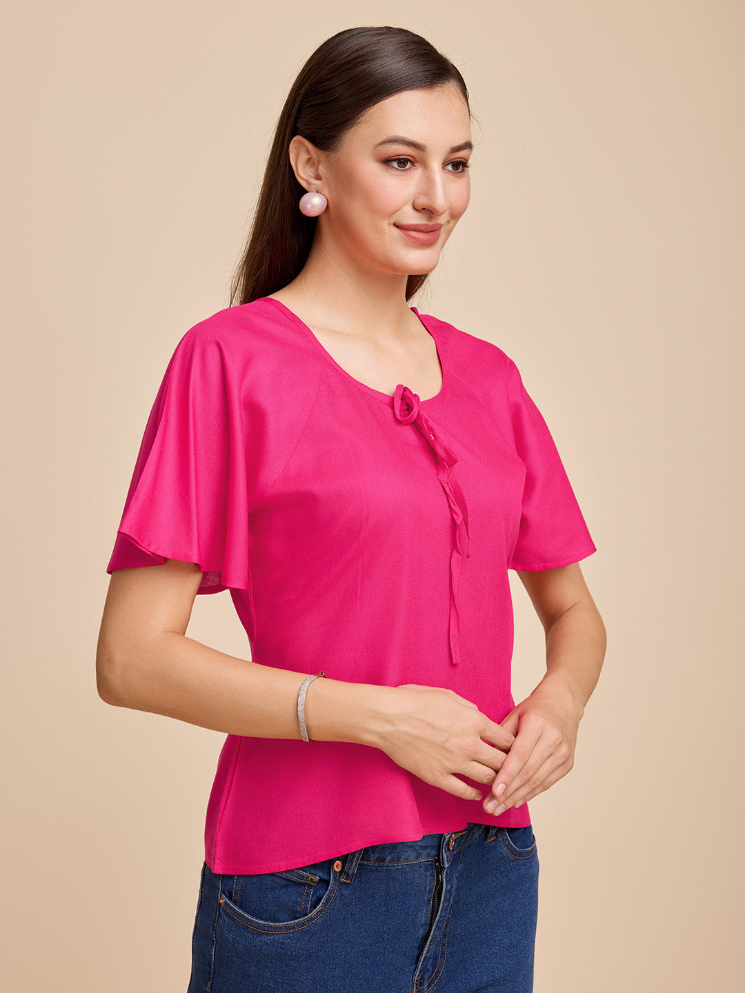 Women Pink Keyhole Neck Bell Short Sleeve Solid Top