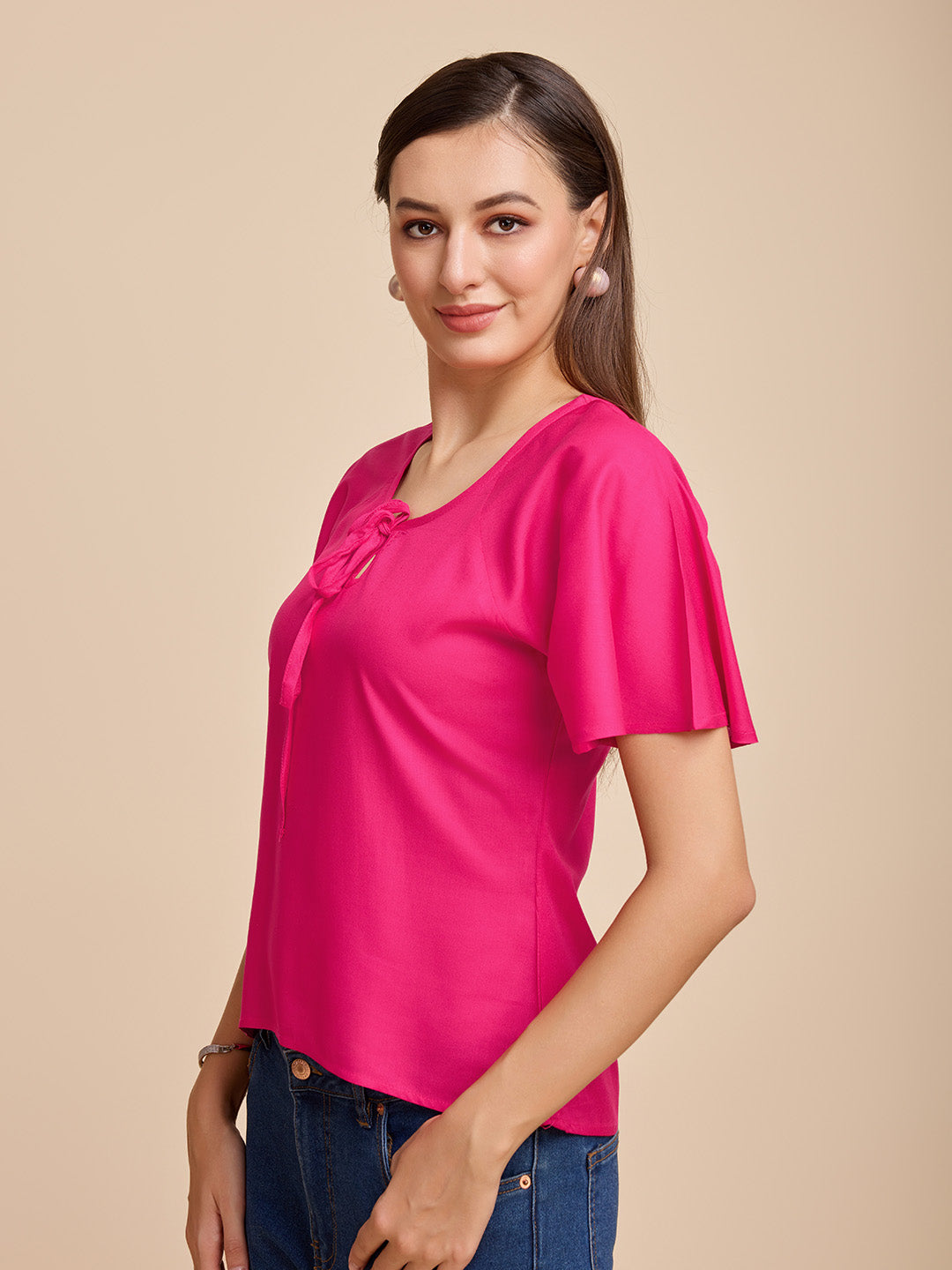 Women Pink Keyhole Neck Bell Short Sleeve Solid Top