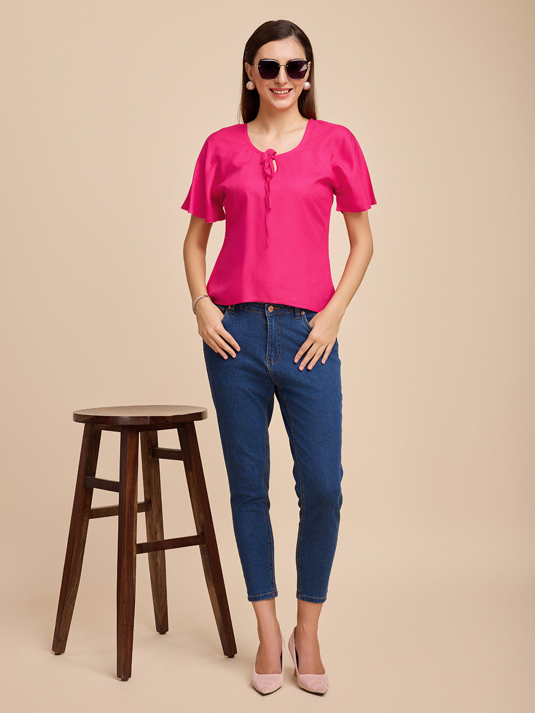 Women Pink Keyhole Neck Bell Short Sleeve Solid Top