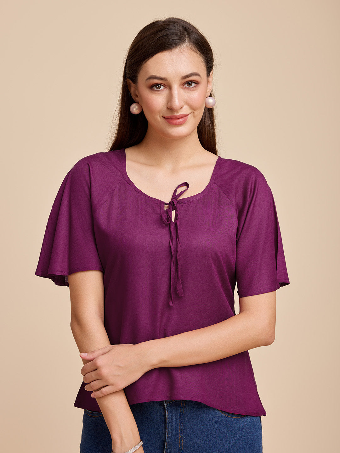 Women Wine Keyhole Neck Bell Short Sleeve Solid Top