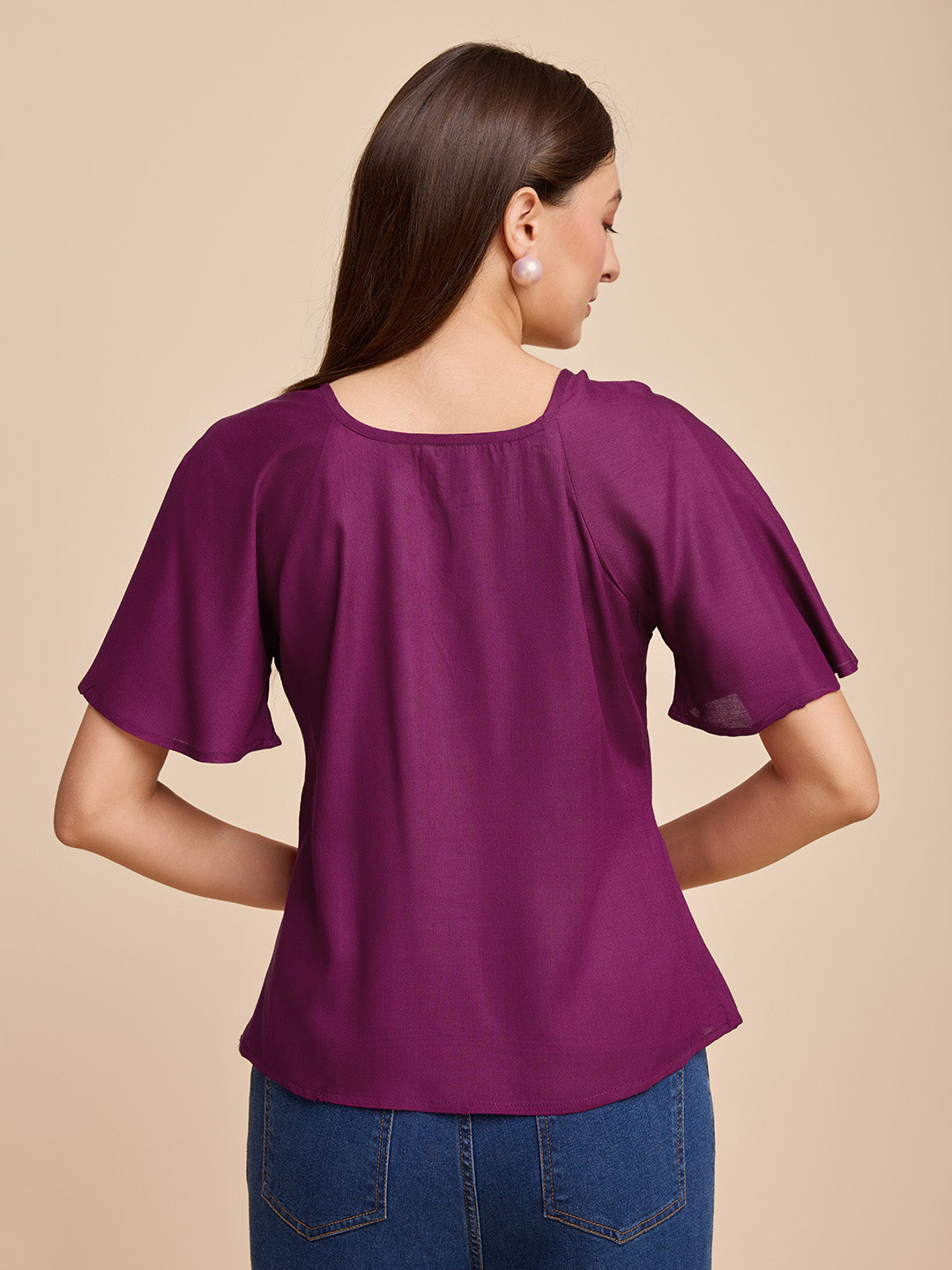 Women Wine Keyhole Neck Bell Short Sleeve Solid Top