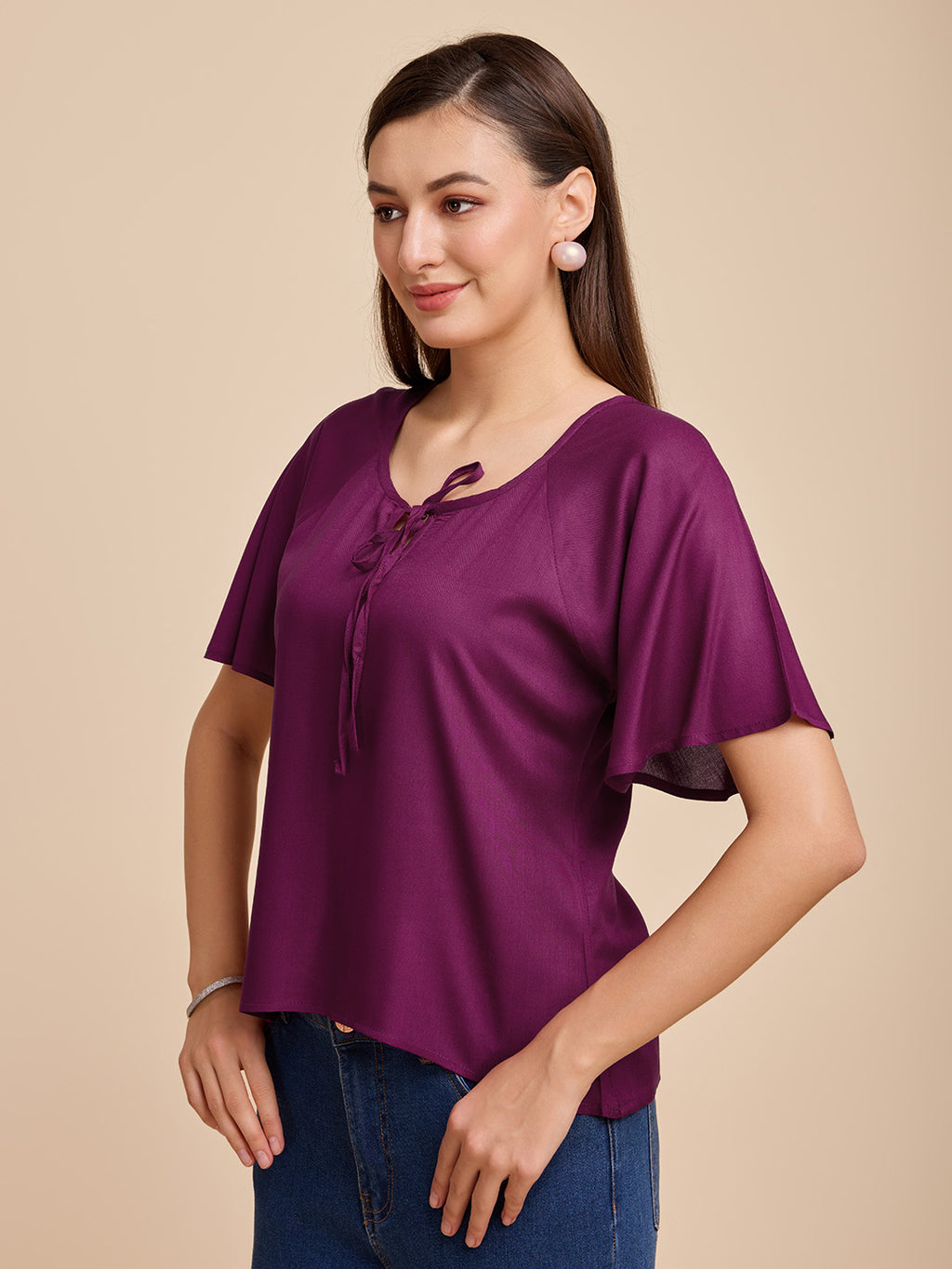 Women Wine Keyhole Neck Bell Short Sleeve Solid Top
