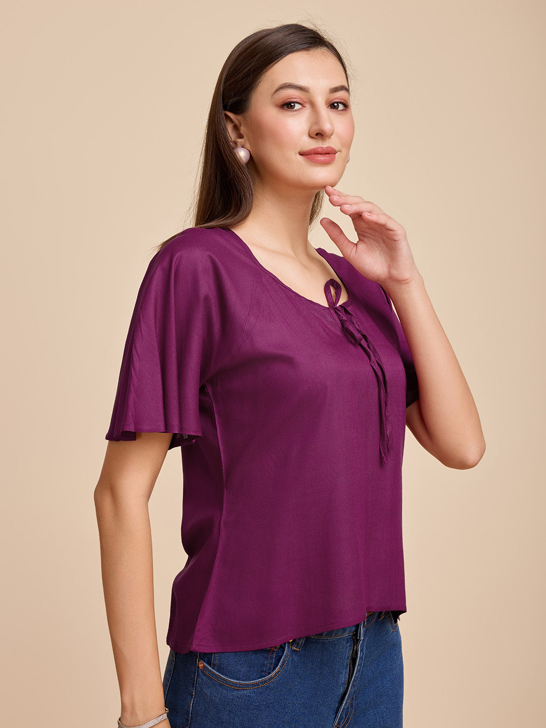 Women Wine Keyhole Neck Bell Short Sleeve Solid Top