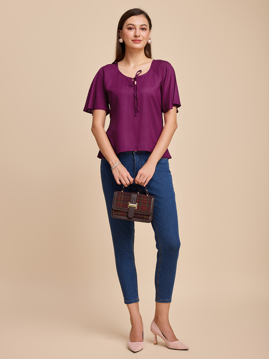 Women Wine Keyhole Neck Bell Short Sleeve Solid Top