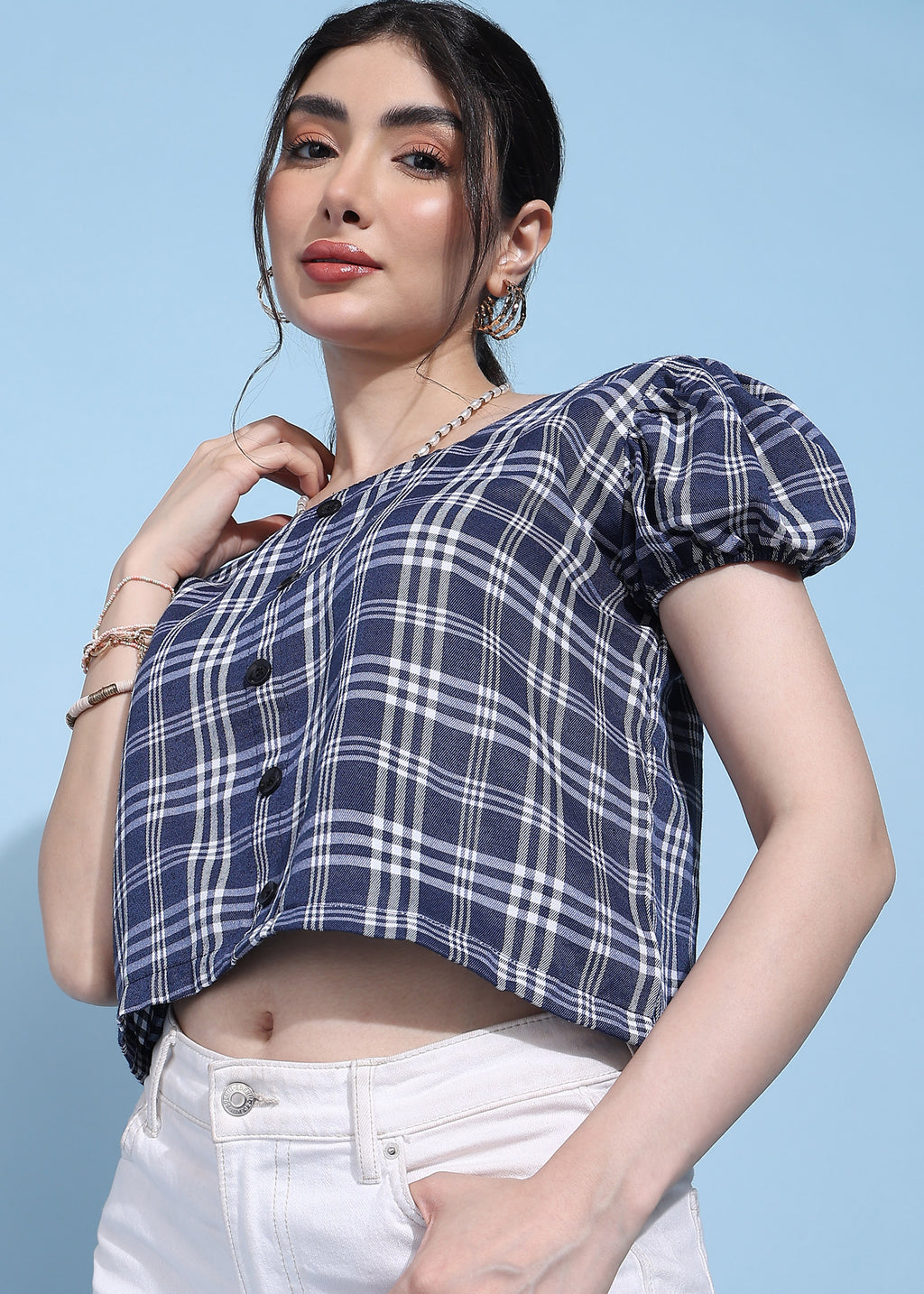 Women Blue Checkered Puff Sleeve Square Neck Top