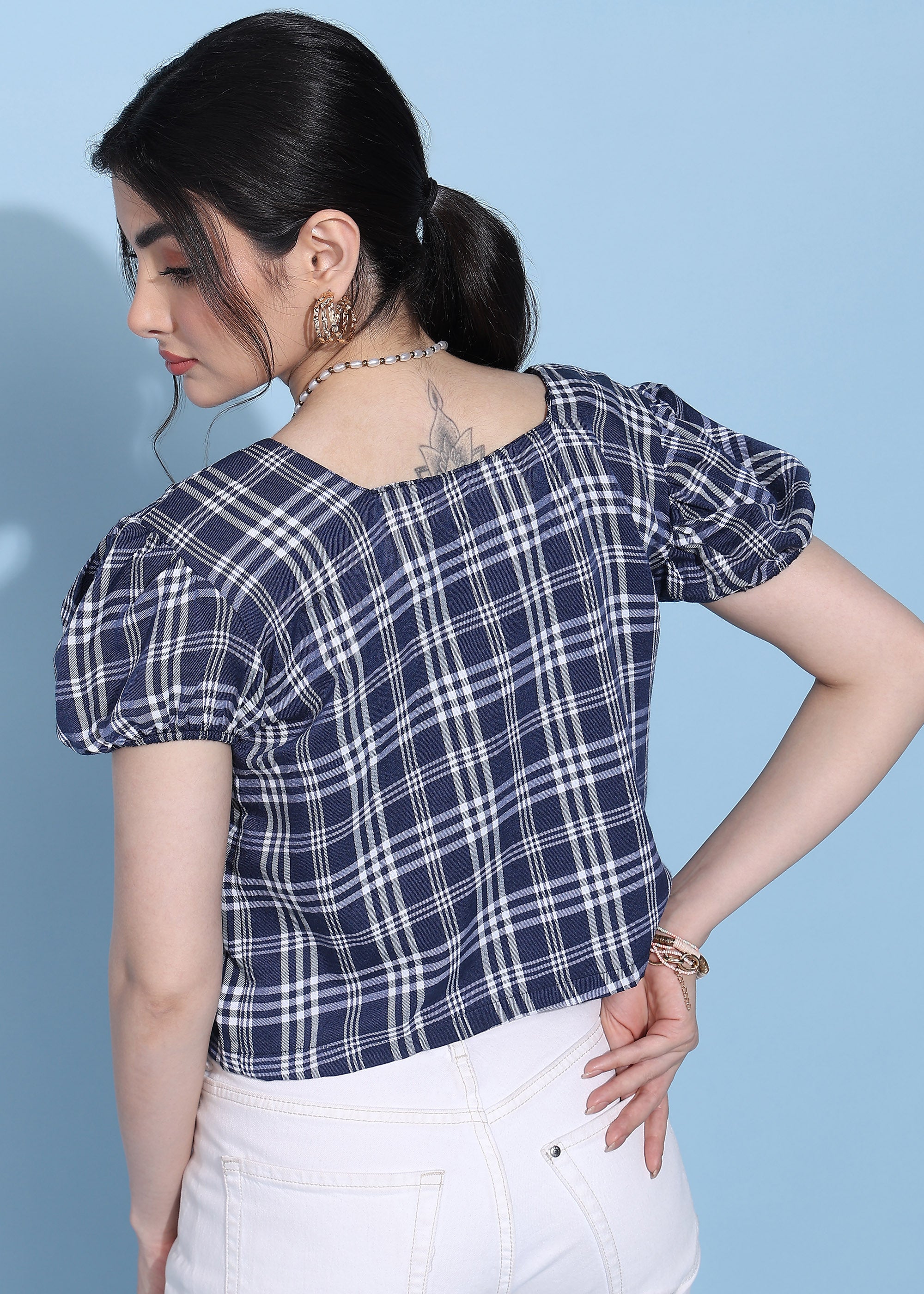 Women Blue Checkered Puff Sleeve Square Neck Top