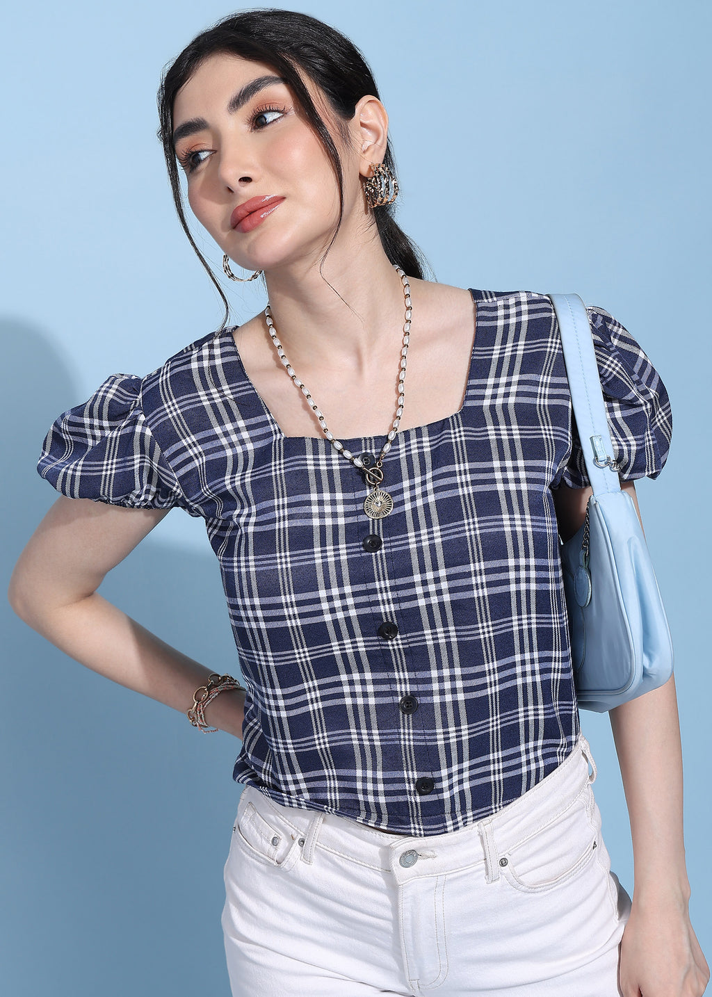 Women Blue Checkered Puff Sleeve Square Neck Top