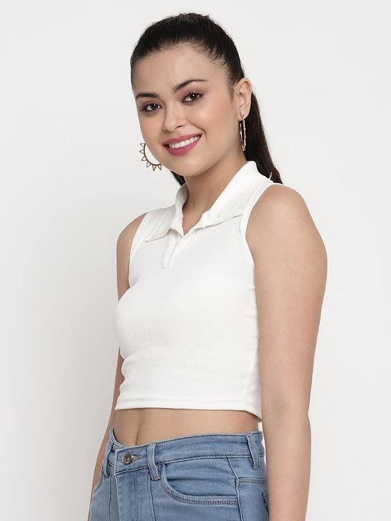 Women White Ribbed Sleeveless Collared Crop Top