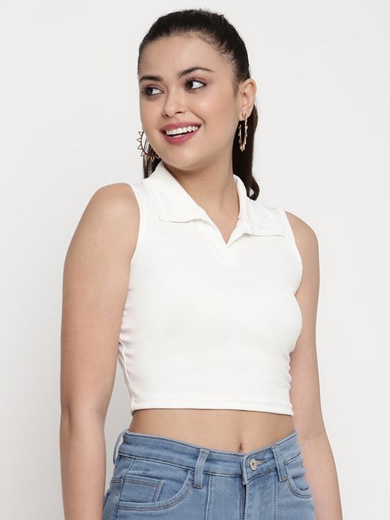 Women White Ribbed Sleeveless Collared Crop Top