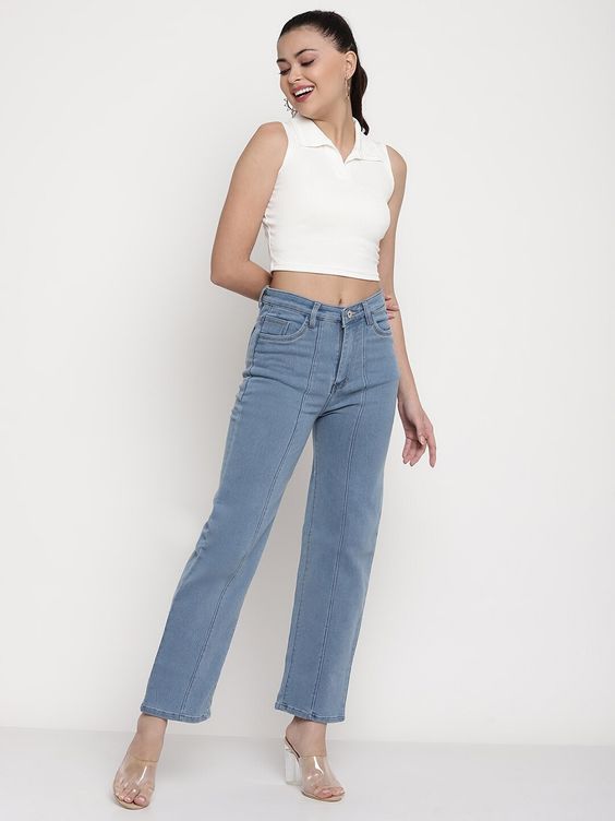 Women White Ribbed Sleeveless Collared Crop Top