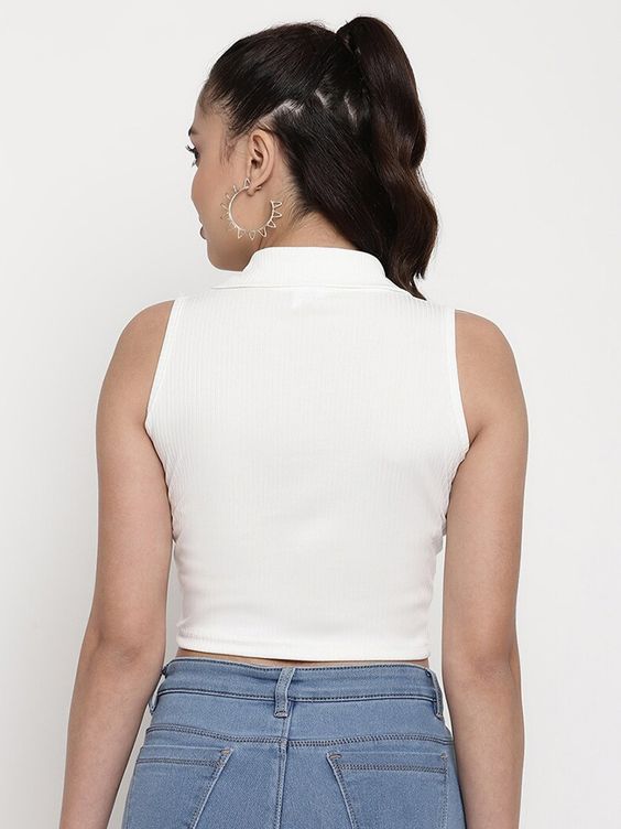 Women White Ribbed Sleeveless Collared Crop Top
