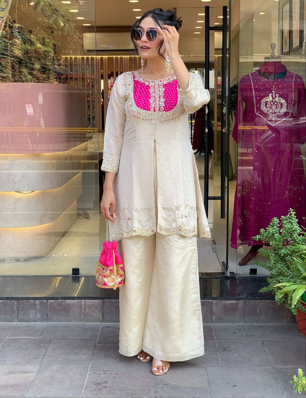 Embroidered Pink White Two-Piece Palazzo Sharara Suit