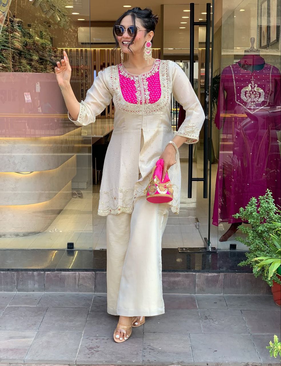 Embroidered Pink White Two-Piece Palazzo Sharara Suit