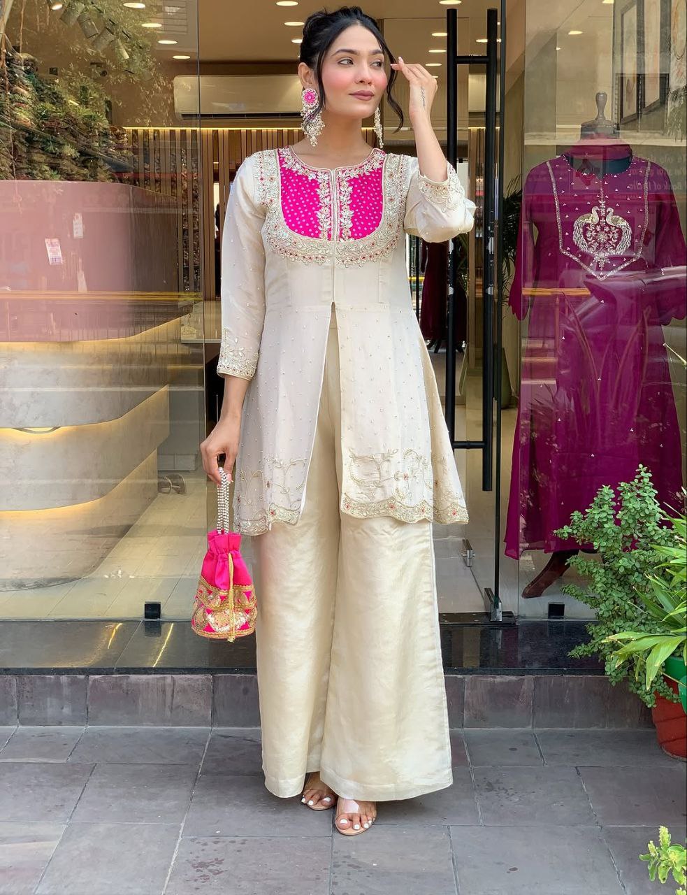 Embroidered Pink White Two-Piece Palazzo Sharara Suit