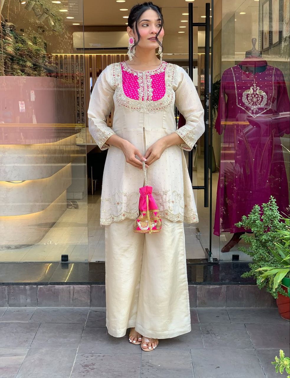 Embroidered Pink White Two-Piece Palazzo Sharara Suit
