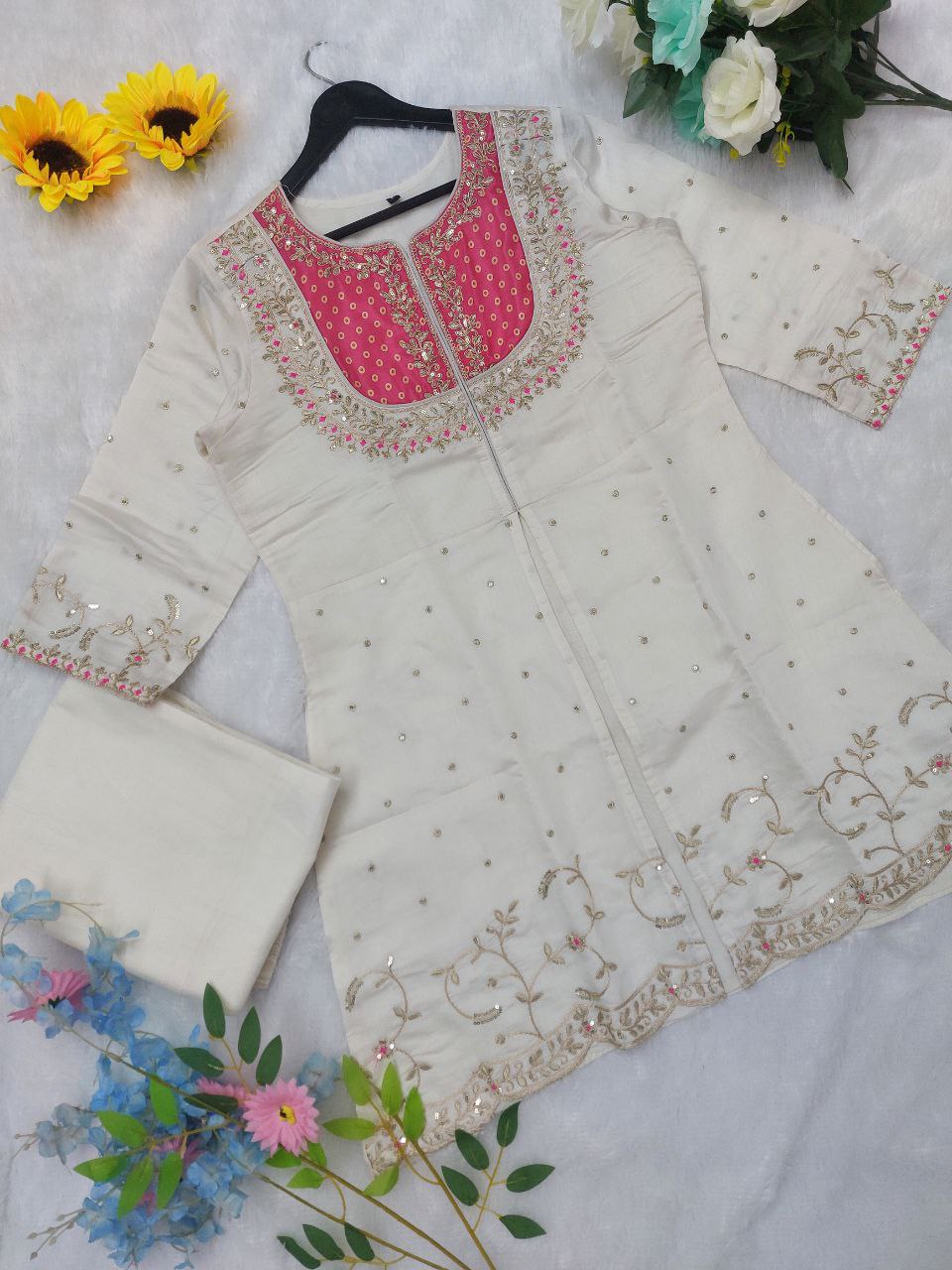 Embroidered Pink White Two-Piece Palazzo Sharara Suit