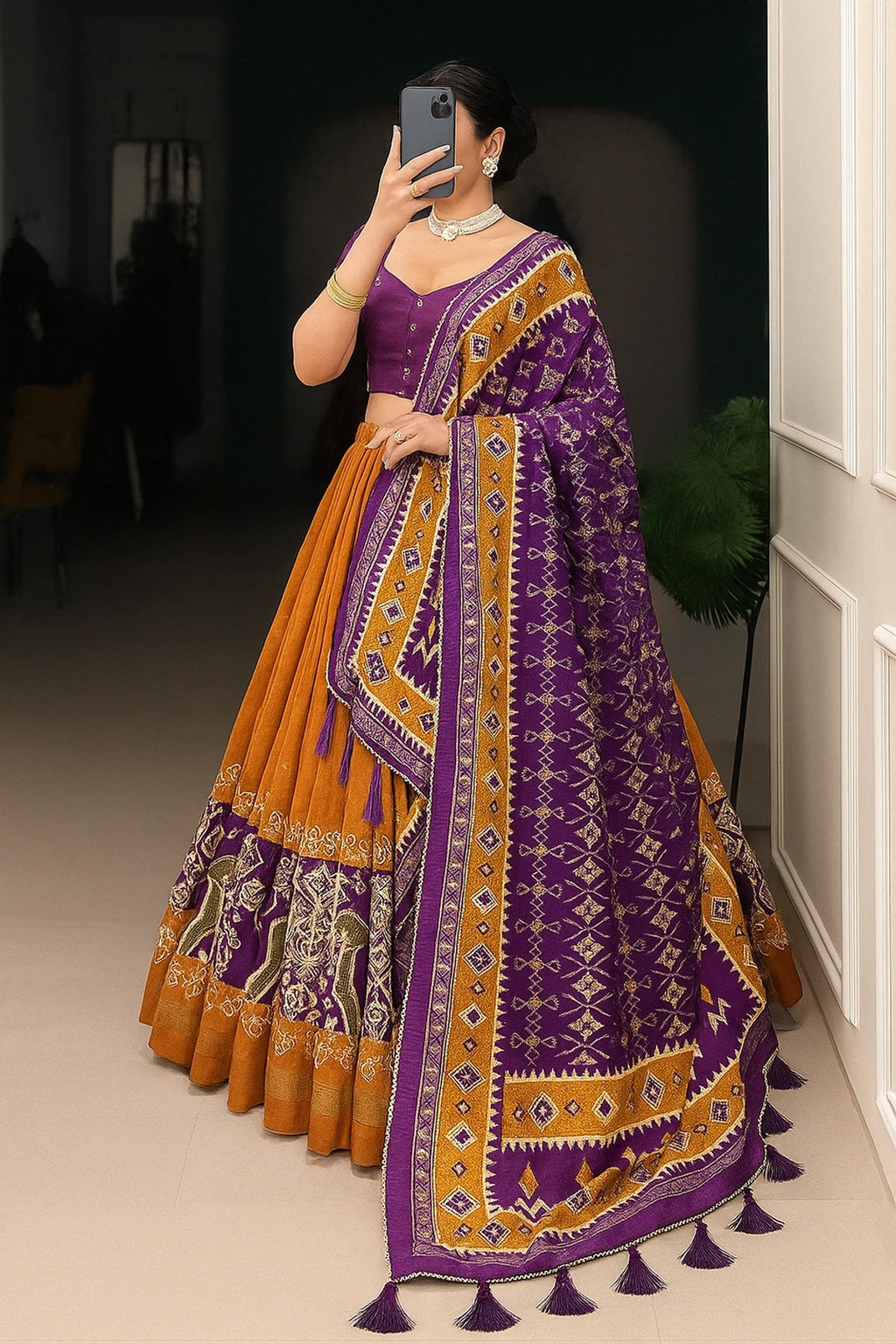 Premium Mustard Yellow & Purple Patola Silk Navratri Chaniya Choli Set