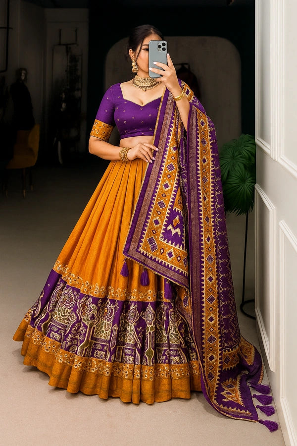 Premium Mustard Yellow & Purple Patola Silk Navratri Chaniya Choli Set